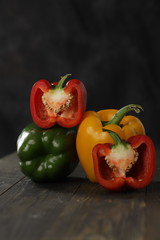 Red, yellow and green bell peppers, fresh farm bell peppers, crunchy and fresh bell peppers