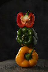 Red, yellow and green bell peppers, fresh farm bell peppers, crunchy and fresh bell peppers