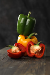 Red, yellow and green bell peppers, fresh farm bell peppers, crunchy and fresh bell peppers