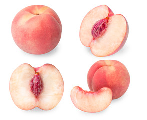 Collection of Peach fruit half with leaf isolated on white background, Fresh White Peach on White Background (With clipping path)