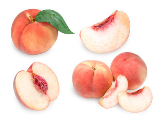 Collection of Peach fruit half with leaf isolated on white background, Fresh White Peach on White Background (With clipping path)