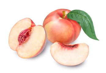 Peach fruit half with leaf isolated on white background, Fresh White Peach on White Background (With clipping path)