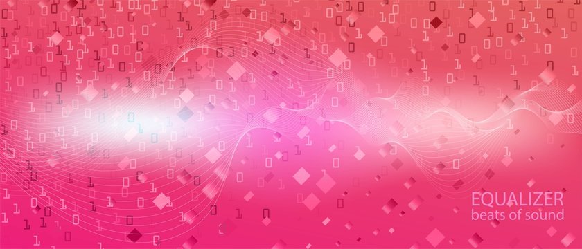 Big Data Stream Vector Equalizer. Fractal Fluid Glow Computing Colorful Music Layout. Blue Pink Purple Background. Matrix Falling 