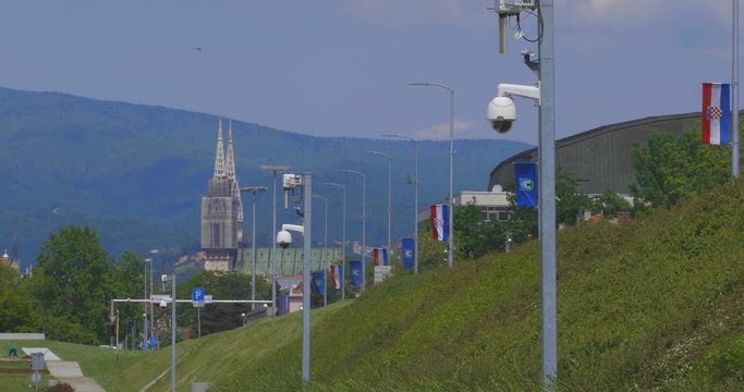 ZAGREB, CROATIA - MAY 11, 2019: Video surveillance camera on pole placed around Zagreb fountains.