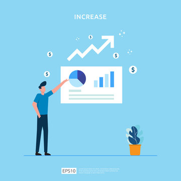 Salary Rate Increase With Growth Up Arrow And People Character. Business Profit Grow Or Income Margin Management Revenue. Finance Statistic Performance Of Return On Investment ROI Illustration Concept