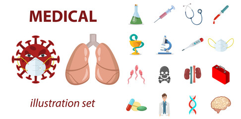 medicine flat icon set with coronavirus, medical equipment, medications and lungs illustration elements
