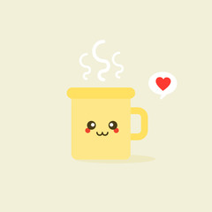 illustration of cup of coffee or tea cute smiling cartoon character isolated on color background. kawaii Yellow mug with smoke float up in flat style- cute dishes with hot beverage.
