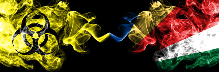 Quarantine in Seychelles, Seychelloise. Coronavirus COVID-19 lockdown. Smoky mystic flag of Seychelles, Seychelloise with biohazard symbol placed side by side.