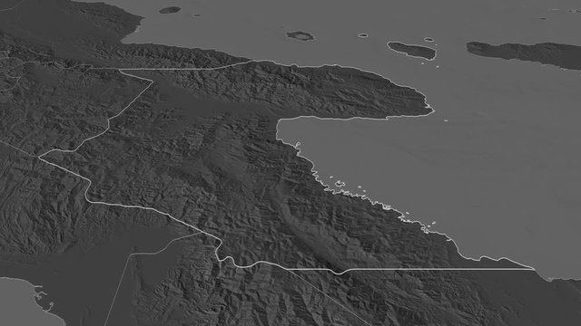 Morobe, province with its capital, zoomed and extruded on the bilevel map of Papua in the conformal Stereographic projection. Animation 3D