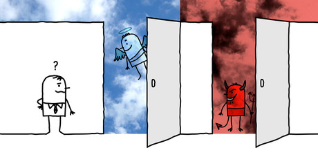 Cartoon man front of two big opened doors : Heaven and Hell