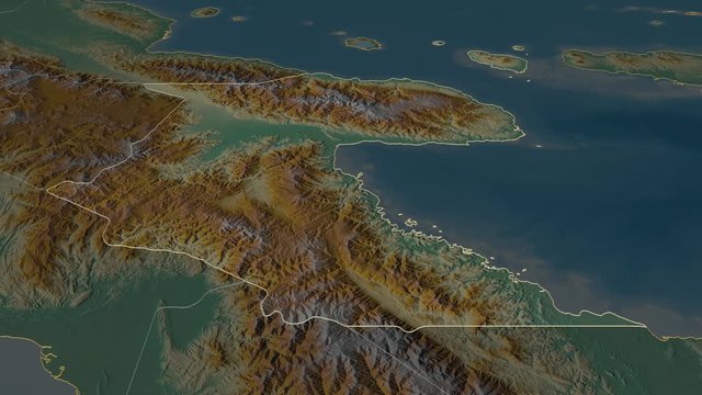 Morobe, province with its capital, zoomed and extruded on the relief map of Papua in the conformal Stereographic projection. Animation 3D