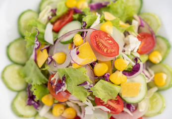 Vegetable salad with boiled eggs in a white dish.