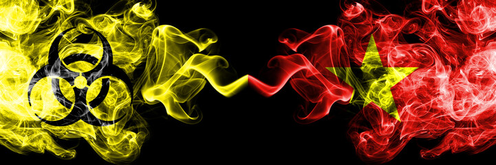 Quarantine in Vietnam, Vietnamese. Coronavirus COVID-19 lockdown. Smoky mystic flag of Vietnam,...