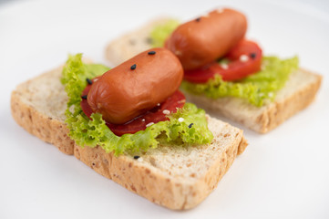 Sausage with tomatoes, salad and two sets of bread on a white plate.