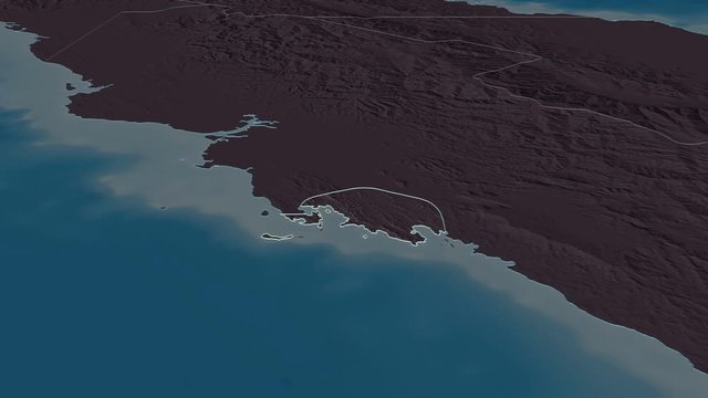 National Capital District, district with its capital, zoomed and extruded on the administrative map of Papua in the conformal Stereographic projection. Animation 3D