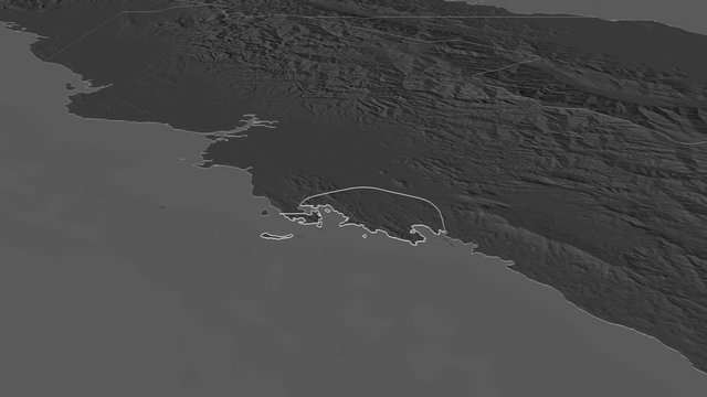 National Capital District, district with its capital, zoomed and extruded on the bilevel map of Papua in the conformal Stereographic projection. Animation 3D