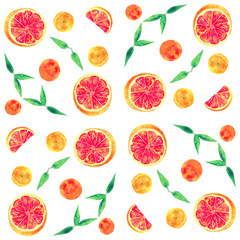 grapefruit and leaves. summer juicy seamless pattern. watercolor illustration isolated on white. for fabric, printing, surface texture,textile and packing design
