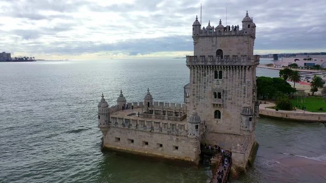 Flight around famous Belem Tower in Lisbon - aerial drone footage