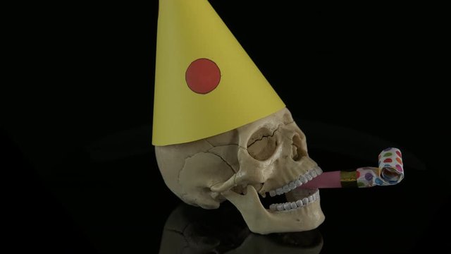 Birthday with a skull. Skull with party horn and cap.