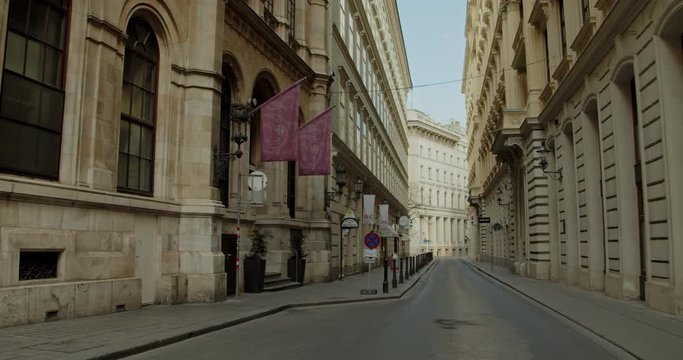 Shutdown in Vienna, Austria - tracking shot of empty street in the inner city