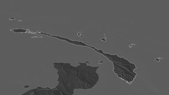 New Ireland, province with its capital, zoomed and extruded on the bilevel map of Papua in the conformal Stereographic projection. Animation 3D