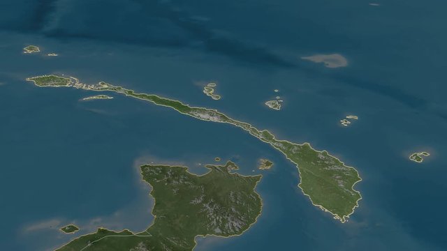 New Ireland, province with its capital, zoomed and extruded on the satellite map of Papua in the conformal Stereographic projection. Animation 3D