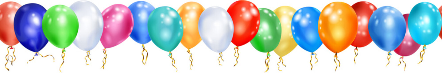 Banner of colorful balloons and ribbons on white background with horizontal repetition