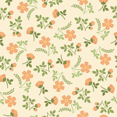 Cute floral seamless pattern. Pach flowers and green leaves on light background