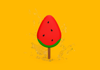 3d rendering of water melone ice cream with water splash on yellow background