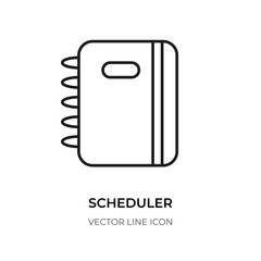 Black line scheduler icon. Closeup linear pictogram business planner. Logo for design app reminder meeting, office task. Organizer, calendar important date, month plan. Isolated vector illustration