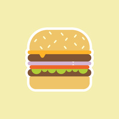 vector cartoon cute burger with cheese, meat and salad icon isolated on color background. Burger, tomatoes, pickled cucumbers, cheese, lettuce, bun.