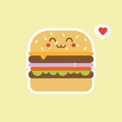 cute and kawaii vector cartoon cute burger character with cheese, meat and salad icon isolated on color background. Burger, tomatoes, pickled cucumbers, cheese, lettuce, bun.