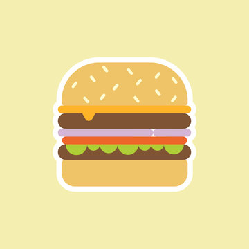 vector cartoon cute burger with cheese, meat and salad icon isolated on color background. Burger, tomatoes, pickled cucumbers, cheese, lettuce, bun.