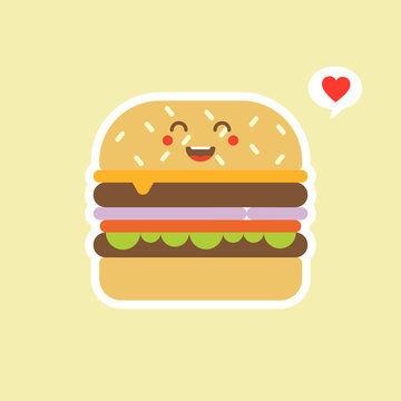 cute and kawaii vector cartoon cute burger character with cheese, meat and salad icon isolated on color background. Burger, tomatoes, pickled cucumbers, cheese, lettuce, bun.