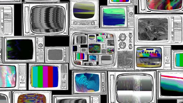Several vintage TVs with no signal, infinite zoom in retro television, no programs, static tv and glitch failure, seamless loop