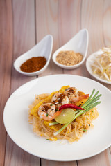 Pad Thai fresh shrimp in a white plate.