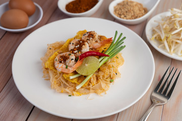 Pad Thai fresh shrimp in a white plate.