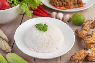 Rice cooked in a white dish