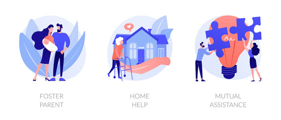 Caregiving and social support services metaphors. Foster parent, home help, mutual assistance. Child adoption, help with domestic chores abstract concept vector illustration set.