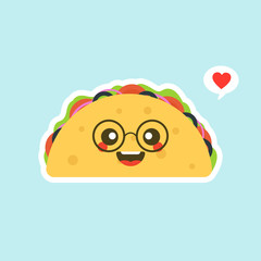 Cartoon Smiling Taco Character Illustration.  kawaii and cute Tacos  Mexican food kids menu, card concept