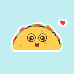 Taco cartoon character mascot with happy face.  kawaii and cute Tacos  Mexican food kids menu, card concept