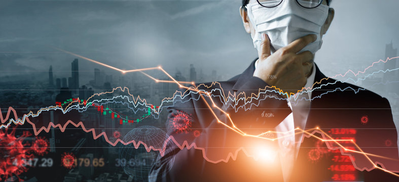 Economy crisis, Businessman with mask, Analysis corona virus economic impact, Crisis business and market financial conditions in the global Effects of outbreak and pandemic covid-19, Stocks fall.