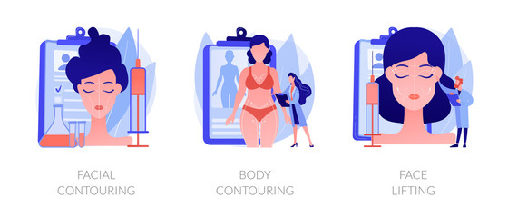 Cosmetological procedures, contour plastic, anaplasty, rejuvenation and weight loss. Facial contouring, body contouring, face lifting metaphors. Vector isolated concept metaphor illustrations.