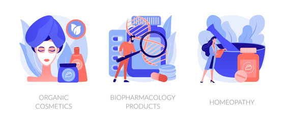 Fototapeta premium Skincare and healthcare, natural pharmacological products, disease prevention. Organic cosmetics, biopharmacology products, homeopathy metaphors. Vector isolated concept metaphor illustrations.