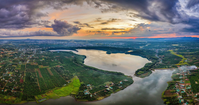 Aerial view of  To Nung lake or T&rsquo;nung lake near  Pleiku city, Gia Lai province, Vietnam. To Nung lake or T&rsquo;nung lake on the lava background of a volcano that has stopped working