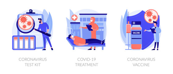 Virus diagnosis and patient treatment abstract concept vector illustration set. Coronavirus test kit, covid19 patient isolation quarantine and treatment, vaccine development abstract metaphor.