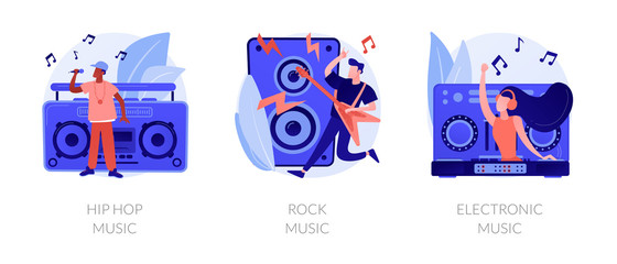 Popular music styles, retro directions. Rock n roll and 80s style disco party. Hip hop music, rock music, electronic music metaphors. Vector isolated concept metaphor illustrations.