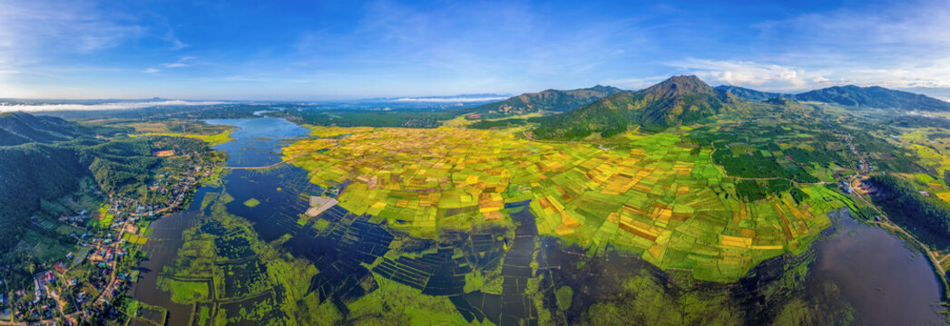 Aerial view of Ngo Son rice field, Gia Lai, Vietnam. Royalty high-quality free stock Panorama image landscape of terrace rice fields in Vietnam
