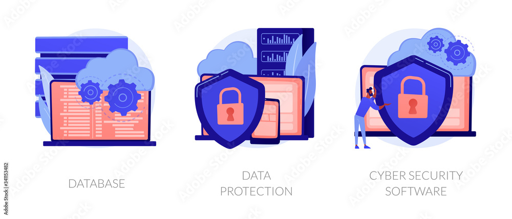 Poster data protection metaphors set. database, cyber security, control, protection of computer services an