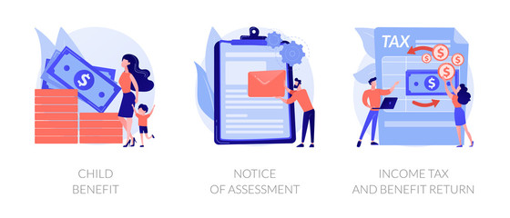 Taxation and assessment icons set. Child benefit, notice of assessment, income tax and benefit return metaphors. Social security payment. Vector isolated concept metaphor illustrations.